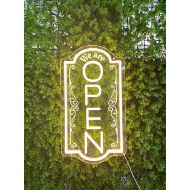 Imagem de Sinal aberto vertical, letreiro de LED aberto vertical, sinal de neon, luz de janela comercial, placas abertas verticais para negócios (branco quente, 40 x 23 cm)