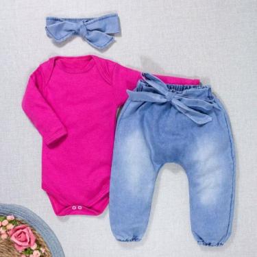 Imagem de Conjunto Para Bebê Body Longo E Calça Jeans Com Faixinha Pink - Era Um