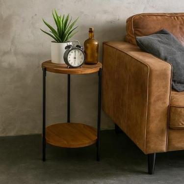 Imagem de Mesa Redonda Para Apoio Lateral Sofá Cabeceira Madeira E Ferro - TB