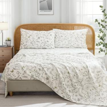 Imagem de Cozaline Jogo de cama Queen 100% algodão – Jogo de cama floral branco chique de 4 peças, tecido percal respirável macio, lençol com elástico alto 44,5 cm, sensação fresca, elegância botânica refinada