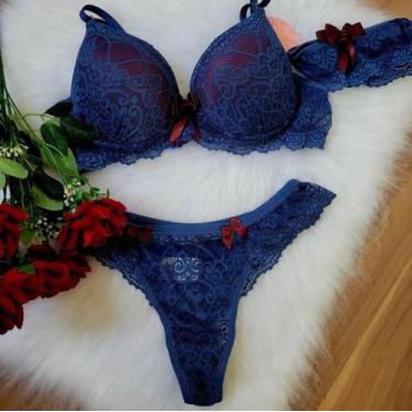 Imagem de Conjunto sutiã  e calcinha cor  azul com vermelho rendado - Mademoisel