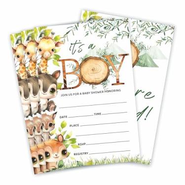 Imagem de Conjuntos de convites para chá de bebê - It's A Boy - 15 convites de animais de safári com envelopes e 15 adesivos de agradecimento para embrulho de presente, anúncio de bebê da floresta, suprimentos