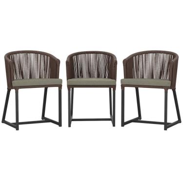 Imagem de 3 Cadeiras De Jantar Noronha Preta Corda Náutica E8 Trama Marrom