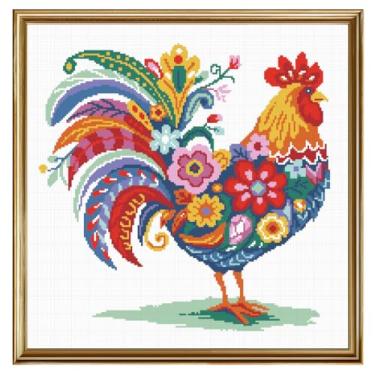 Imagem de FREEBLOSS Kit de ponto cruz estampado de 11 CT para adultos iniciantes com instruções kit de ponto cruz com padrão de frango e flor, bordado, decoração de arte de parede, sem moldura, 45 x 45 cm