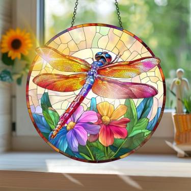 Imagem de Acrílico colorido Suncatcher, apanhador de sol estilo vitral impresso libélula com reflexos de arco-íris, decoração de janela suspensa, decoração de parede, ornamentos de Natal para uso interno e