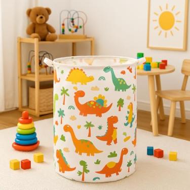 Imagem de Cesto Organizador Infantil com Estampa de Dinossauros, 60L, Impermeável, Dobrável, Redondo, 40x50cm, para Brinquedos e Roupas, em Poliéster e Algodão (Dinossauro)