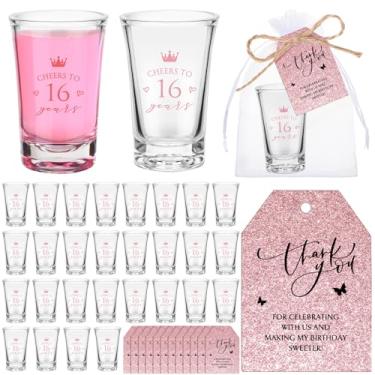 Imagem de Kritkin 50 conjuntos de copos curtos de aniversário de 16 anos, lembrancinhas para convidados, doces copos de plástico acrílico transparente de 16 anos com cartões de agradecimento, bolsa de organza