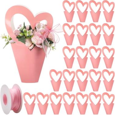 Imagem de Tenceur 24 peças de sacos de presente de flores de dia dos namorados com alça em forma de coração, suporte floral com 1 rolo fita rosa papel embrulho de flores para casamento, florista, decoração de