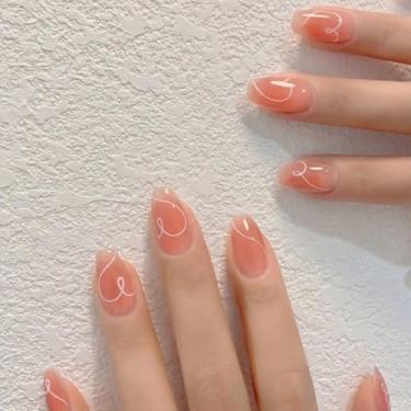 Imagem de Unhas postiças curtas médias caixão rosa com linhas simples de coração Desien cobertura completa cola acrílica falsa em unha para mulheres, 24 peças