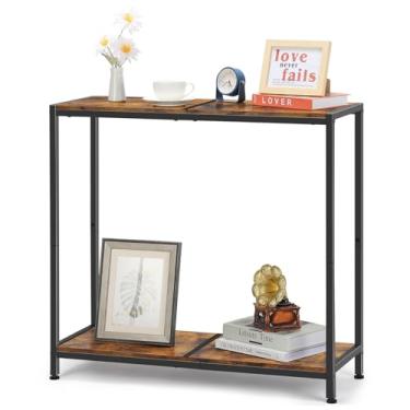 Imagem de Mesa de console, mesa de sofá industrial com prateleira, mesa de entrada de 2 camadas para entrada, sala de estar, hall de entrada, corredor, escritório, marrom rústico