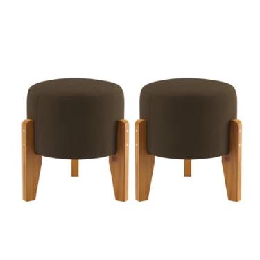 Imagem de Kit 2 Puffs Odin Decorativos Redondos Estofados com Pés Palito em Madeira – Puff Banqueta Elegante(Marrom)