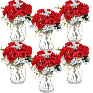 Imagem de Ninehaoou Conjunto de 6 conjuntos de flores falsas com vaso de flores artificiais de rosas de seda com buquês artificiais de hálito de bebê, decoração rústica de casa de fazenda para casa, mesa, festa