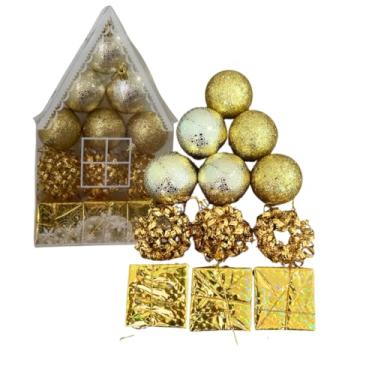 Imagem de Enfeite Natalinos Dourados - Bolinha - Caixinha - Buchinha - Pendentes para Arvore de Natal - Decoração Natalina KIT 12 Unds