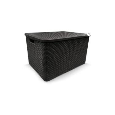 Imagem de Caixa Organizadora Rattan, Plástico Preto, 7 Litros, Empilhável, Dimensões 28x18x16cm, para Casa e Escritório