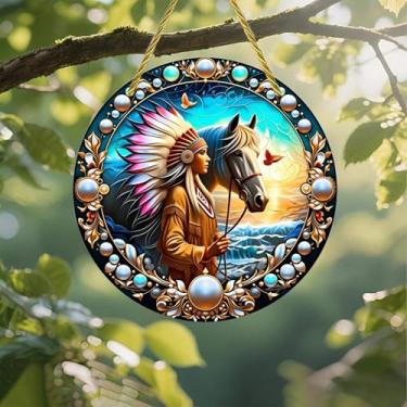 Imagem de Acrílico colorido Suncatcher, mulher com cocar cavalo pôr do sol 17,78 cm janela suspensa decoração de arte de parede com design de vitral impresso, ideia de presente e ornamento de jardim uso interno