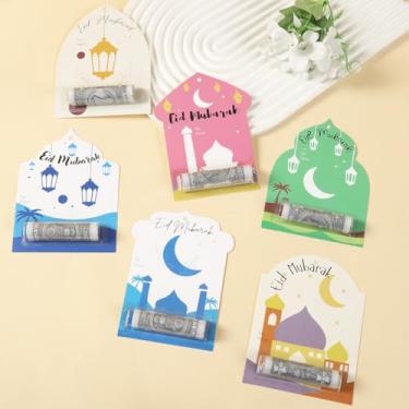 Imagem de 6 peças de cartões de suporte de dinheiro Eid Mubarak, enfeites de envelopes de dinheiro do Ramadã para presentear dinheiro, cheques, batons com capa de plástico e adesivo para festa infantil
