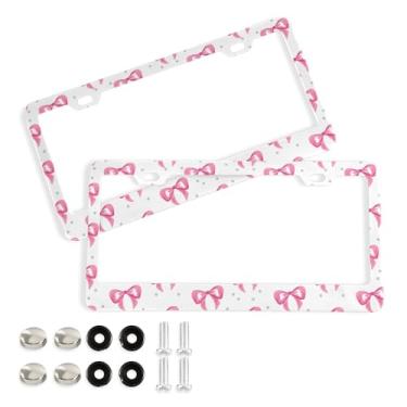 Imagem de SEHANY Lindas molduras de placa de licença de laço rosa, moldura de placa de carro de alumínio à prova de ferrugem com orifícios elípticos e parafusos serve para veículos padrão dos EUA tamanho