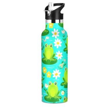 Imagem de Joisal Cute Cartoon Frogs Summer Floral Teens Water Bottle com tampa de palha, garrafas de água isoladas de aço inoxidável, à prova de vazamento, parede dupla, copos infantis para escola, viagens