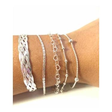 Imagem de Conj. 5 Pulseiras Prata Legítima 925 Bola Fio Coração - Lojas La&Amp;N