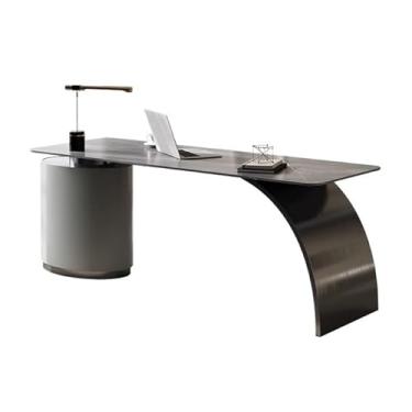 Imagem de hezhuhe2258 Mesa de computador para escritório doméstico leve mesa de ardósia luxuosa com pernas de metal curvadas e armário de armazenamento, escritório em casa, escritório, escrita, PC estação de