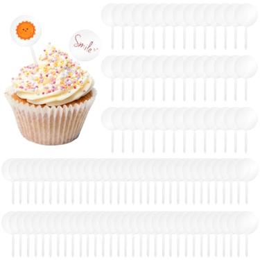 Imagem de 100 peças de topo de cupcake acrílico transparente redondo de 5 cm, enfeites de cupcake em branco, bastões para bricolage, aniversário, festival, festa, chá de bebê, casamento, festa, decoração de
