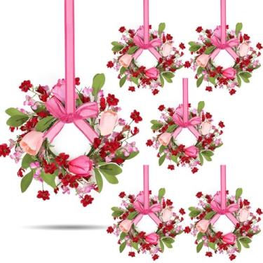 Imagem de 6 mini guirlanda de dia dos namorados de 23 cm para porta da frente, guirlanda de armário de cozinha, tulipa artificial, pequena guirlanda com flores de forsítia, fita de folha verde lavanda para