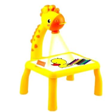 Imagem de Mesa Lousa Projetora Mágica Infantil com Projetor, 24 Desenhos, 12 Canetinhas Coloridas, Amarela, Girafinha Articulada, 27x14x18cm, a partir de 4 Anos