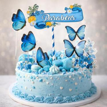 Imagem de Topo De Bolo Parabéns Flores Borboletas Enfeites Topper - Shop da Cris