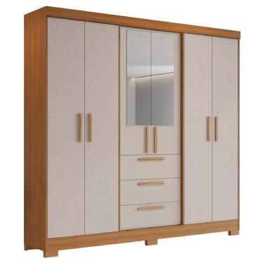 Imagem de Guarda Roupa Casal Croácia 6 Portas Bater 3 Gavetas MDP com Espelho Madeirado - Off White Notável