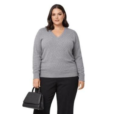 Imagem de Suéter Tricô Gola V Feminino City Lady by Facinelli Plus Size 658110 Cinza-Feminino