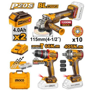 Imagem de Parafusadeira Furadeira Ingco 20V + Esmerilhadeira + Impacto, 20V