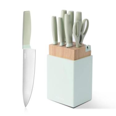 Imagem de Conjunto de facas CAROTE Kitchen com bloco e afiador, 9 peças verdes