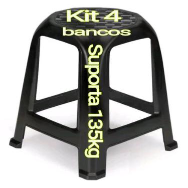 Imagem de Kit Com 4 Banquinhos Cadeiras Suportam 135Kg Banco Plástico Preto Banq