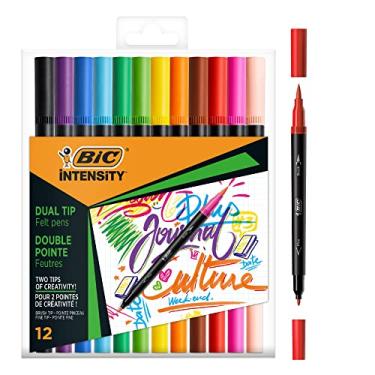 Imagem de Bic Canetas com ponta de feltro intensidade, pontas duplas com pontas finas e pincel, canetas de coloração vibrante, material escolar para crianças ou adultos, pacote com 12