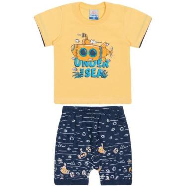Imagem de Conjunto Curto Infantil Camiseta Amarelo Estampado E Shorts Azul Marin