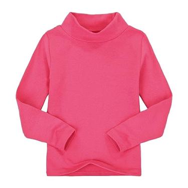 Imagem de Camiseta infantil unissex de cor sólida gola rolê manga longa base algodão para meninas meninos 2 a 7 anos, Rosa choque, 5-6 Anos