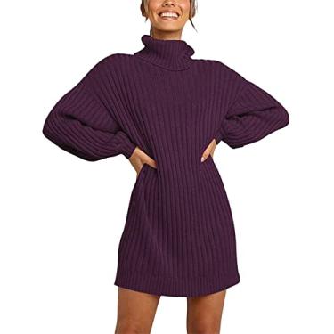 Imagem de Vestido feminino solto de gola rolê suéter de manga comprida vestido de suéter outono inverno sólido vestido midi grande, Roxo, GG