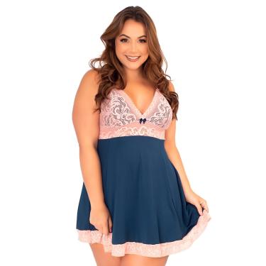 Imagem de Camisola Plus Size Bicolor Renda Lingerie Feminina Sensual Azul Marinho  feminino