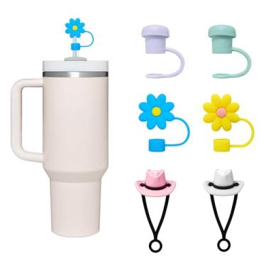 Imagem de Aucern 6 peças de tampas de palha de silicone compatíveis com Stanley Cup 30 1,134 g, 0,4 pol/10 mm de diâmetro chapéu de cowboy tampa de palha à prova de poeira para garrafa de água, acessórios fofos