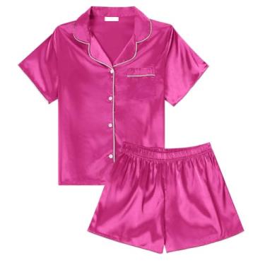 Imagem de LYANER Pijama feminino de cetim e seda, manga curta, botão, conjunto com shorts, pijama pijama, rosa, X-Small