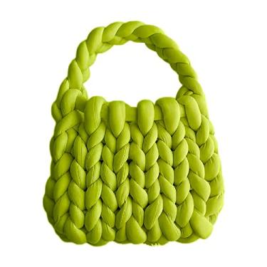 Imagem de OXYPLAY Bolsa de mão grossa e volumosa de lã gigante, bolsa de ombro de malha de fio grosso, bolsa macia casual, bolsa balde trançada DIY, Verde