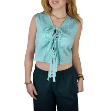 Imagem de Lairauiy Camiseta regata feminina casual verão cor sólida/estampa listrada colete básico sem mangas para streetwear, Turquesa, M