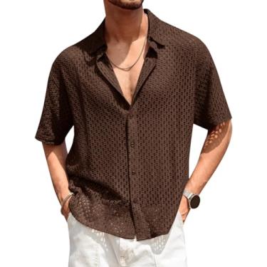 Imagem de Runcati Camisa masculina de malha de crochê vazada manga curta casual transparente verão praia tops, Café, M