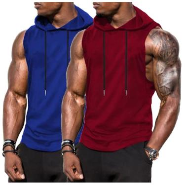 Imagem de Babioboa Camiseta regata masculina com capuz para treino, 2 unidades, sem mangas, para academia, musculação, recortada, camisetas musculares, Azul/vermelho vinho, XXG