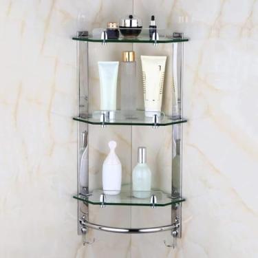 Imagem de Prateleira de vidro para canto de banheiro, toalheiro de aço inoxidável prateado - Prateleira de vidro para canto de chuveiro - Prateleira de banheiro elegante e prática por prateleiras de c
