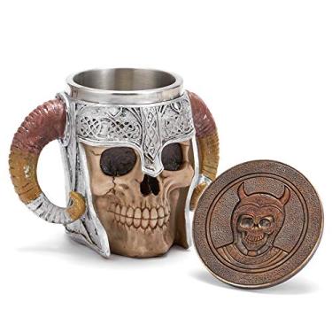 Imagem de Caneca de caveira de aço inoxidável Viking com porta-copos, caneca de cerveja de caveira de chifre, utensílios medievais para café, bebidas, suco - 500 ml