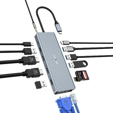 Imagem de Tymyp Estação de ancoragem USB C 14 em 1, adaptador USB C multiportas com HDMI duplo 4K, VGA, USB A 3.1, USB C 3.1, 4 portas USB A 2.0, Gigabit Ethernet, compartimentos para cartão SD e TF, 100W PD e