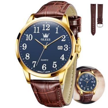 Imagem de OLEVS Relógio masculino, relógios masculinos clássicos prateados, à prova d'água, aço inoxidável, números romanos, relógio masculino fácil de ler, Capa dourada de couro marrom e rosto azul, Round,