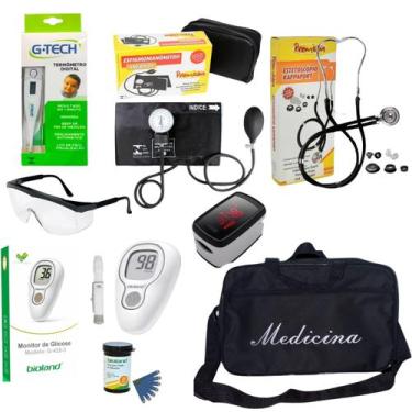 Imagem de Kit medicina com esfigmomanômetro estetoscópio Oxímetro óculos termôme