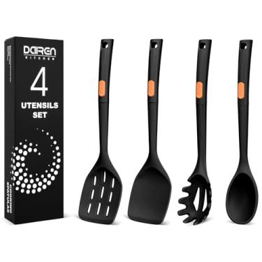 Imagem de Espátulas de silicone e colheres de espaguete, pacote com 4, conjunto completo de utensílios de cozinha resistentes ao calor, colheres de espátula de cozinha grandes antiaderentes para cozinhar